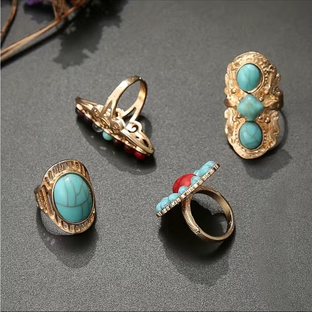 Boho Style Gold And Turquoise Stackable Ring Set - image 4